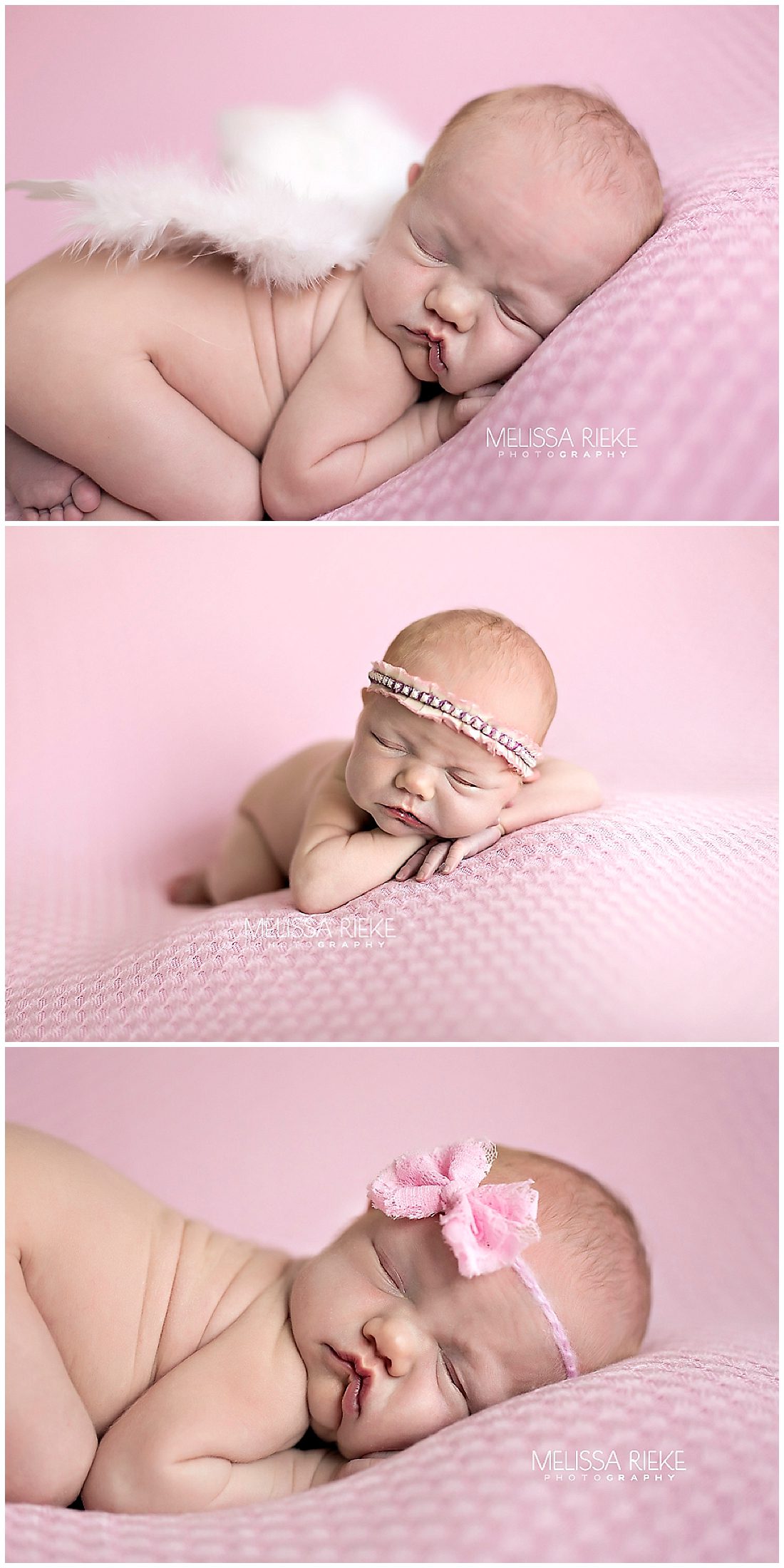 Newborn baby girl posed photos on pink blanket Kansas City